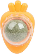 Blue carrot-shaped catnip toy with self-adhesive sticker for wall mounting and teeth cleaning