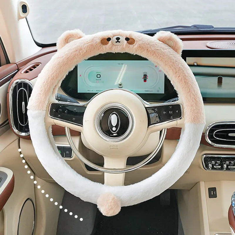 Plush thermal car steering wheel cover with rabbit fur embroidered cartoon design, 38cm diameter