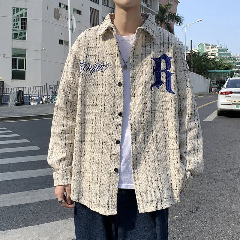 Spring embroidered letter plaid tide jacket for men and women in black, long sleeve polyester blend