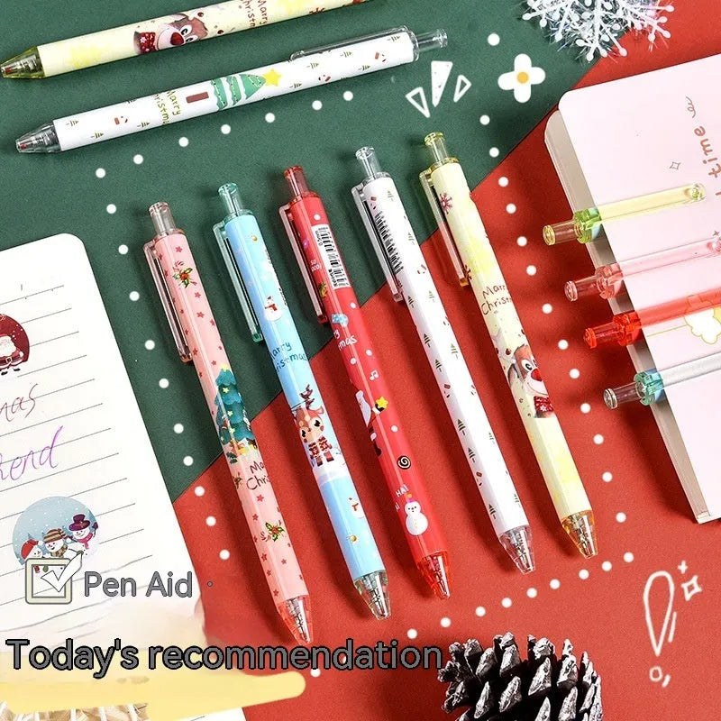 Christmas cartoon-themed plastic signature pen set with six black ink cartridge refills