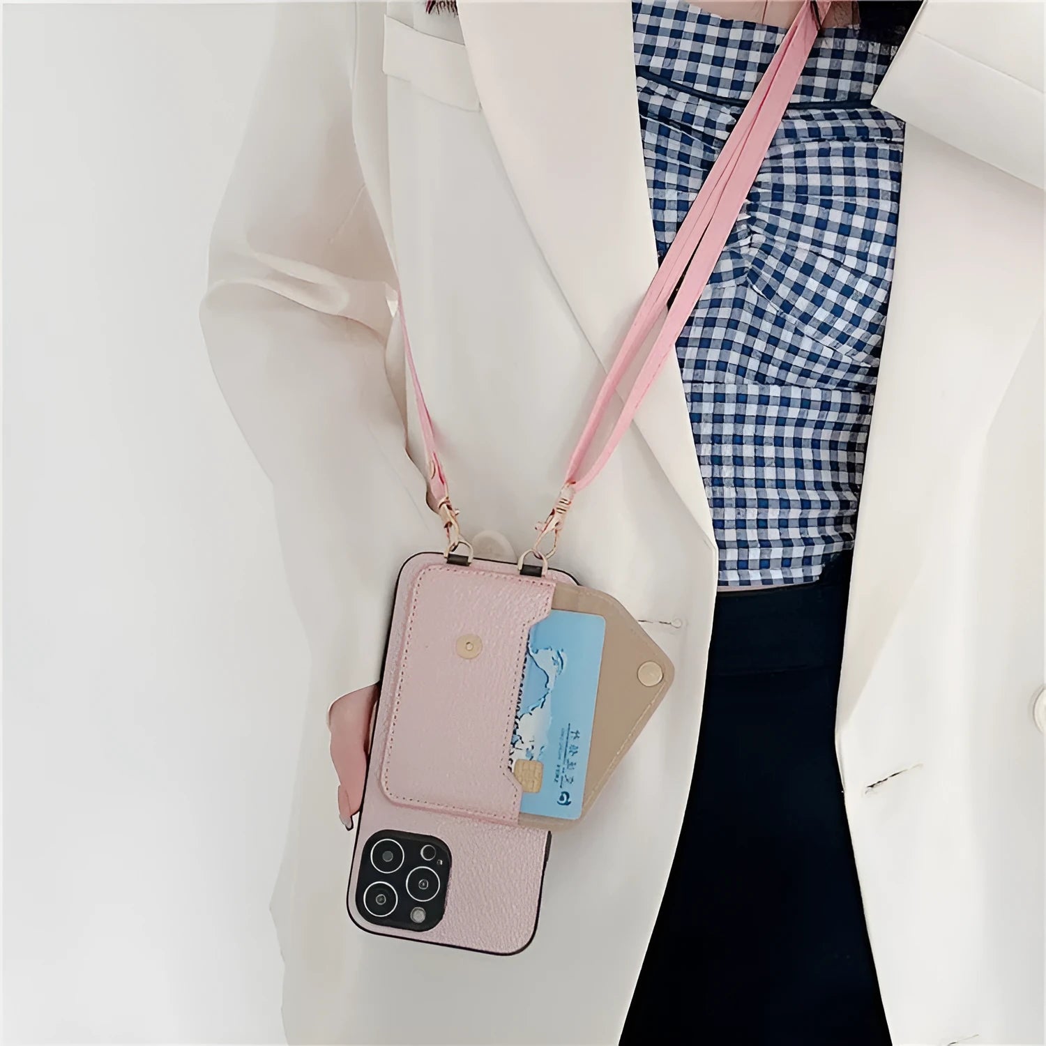 Lychee pattern card holder phone case in black with diagonal card slot and long rope