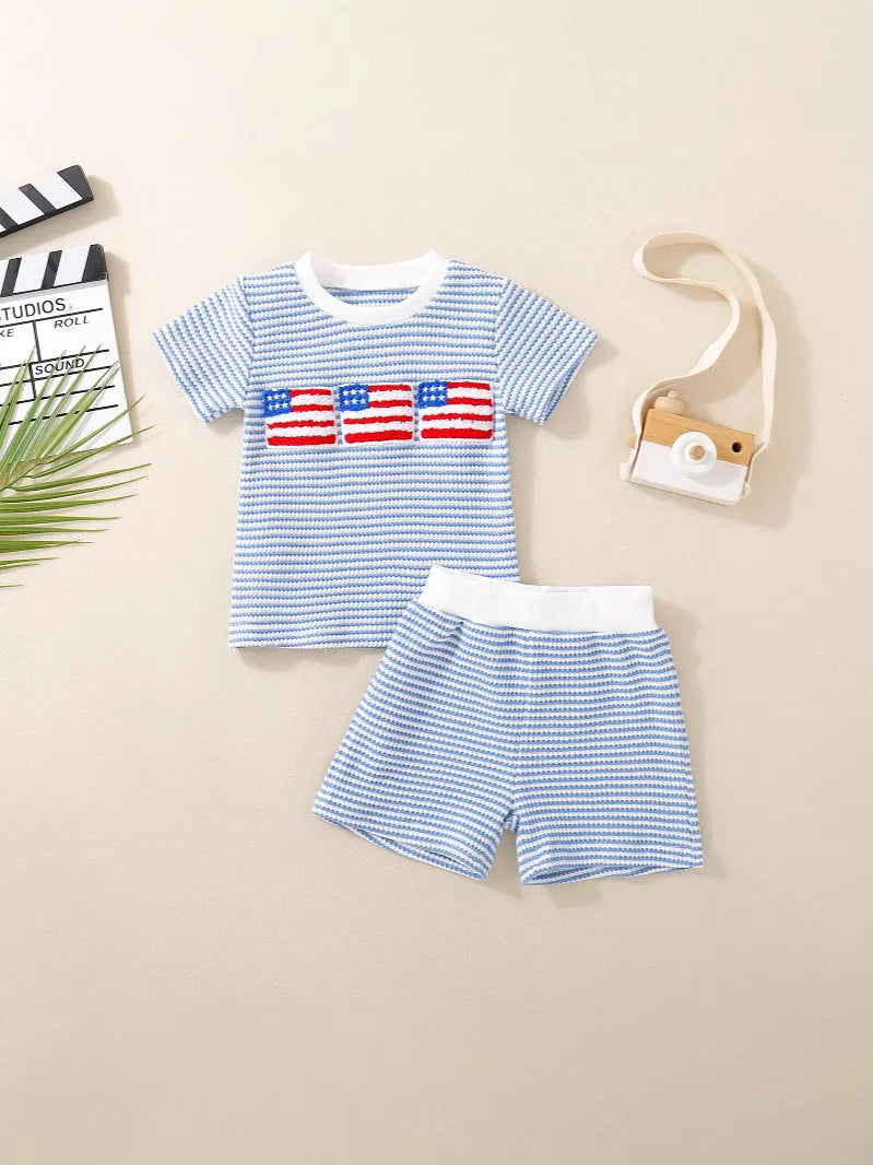Cotton embroidered waffle short sleeve top and waffle shorts baby set in blue colour, pullover style