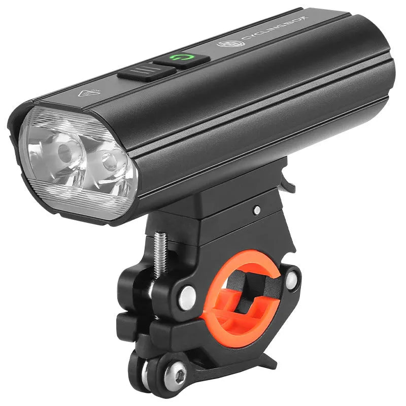 Rechargeable bicycle light with 1800 lumens, black aluminium alloy body, and secure mounting bracket on handlebar