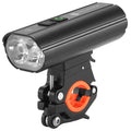Rechargeable bicycle light with 1800 lumens, black aluminium alloy body, and secure mounting bracket on handlebar