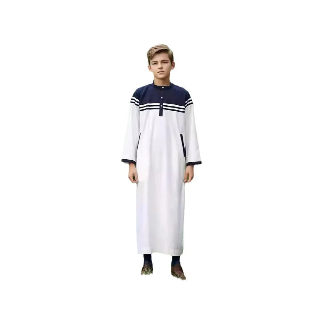 Boys fashion colour contrast striped button robe in black, white and khaki polyester