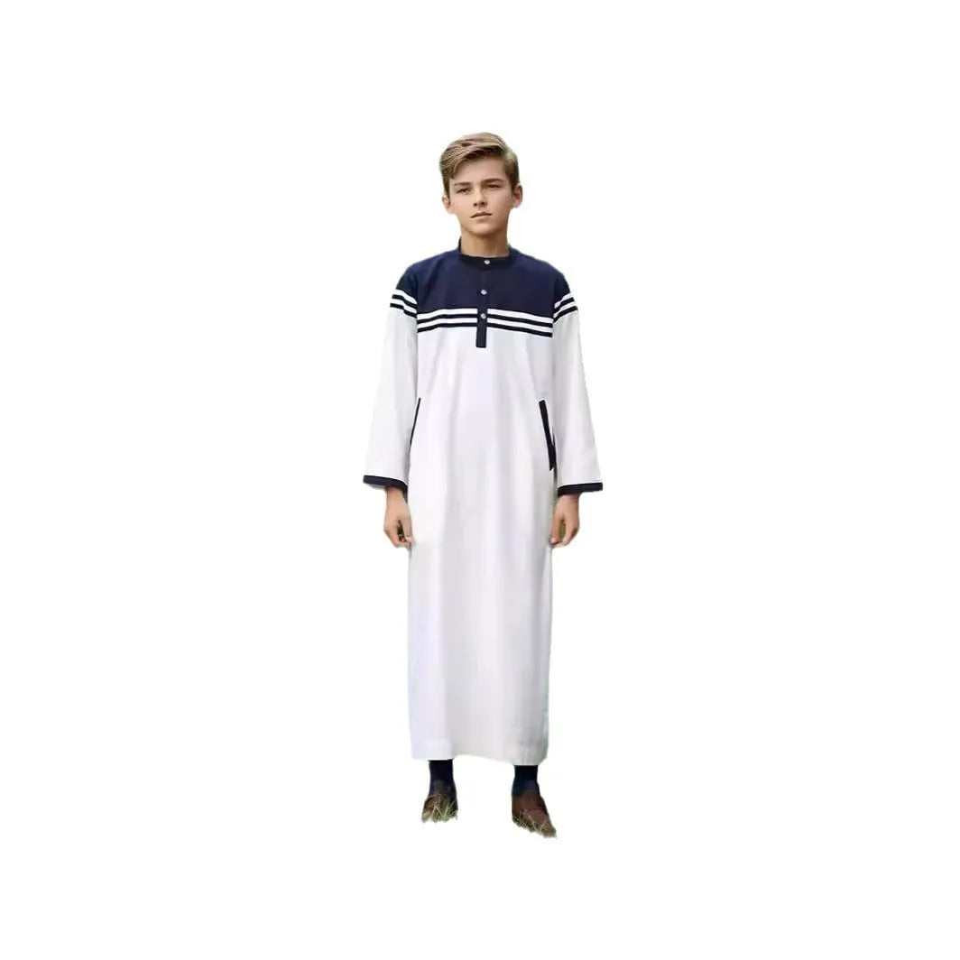 Boys fashion colour contrast striped button robe in black, white and khaki polyester