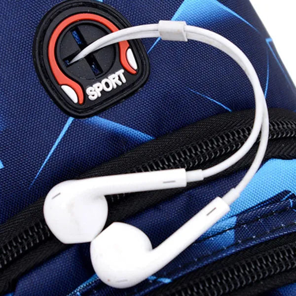 Print sling chest bag with earphone hole design in Oxford cloth, showing zipper opening and square vertical shape
