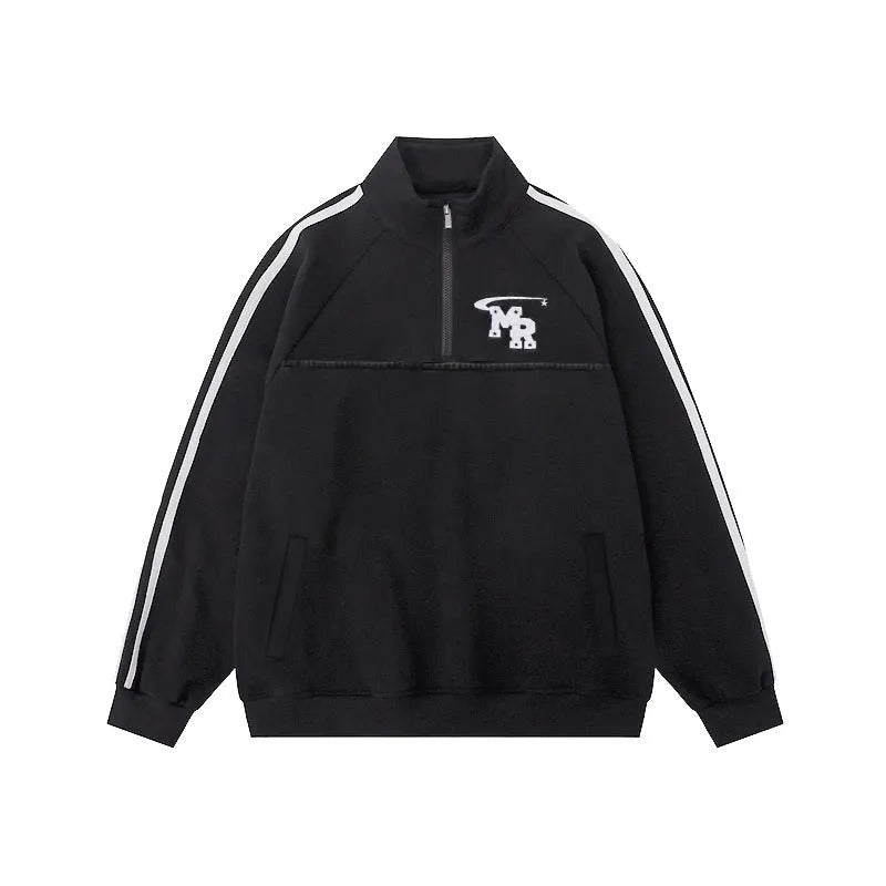 Black Hong Kong style hoodie with stand collar and long sleeves for casual sports wear