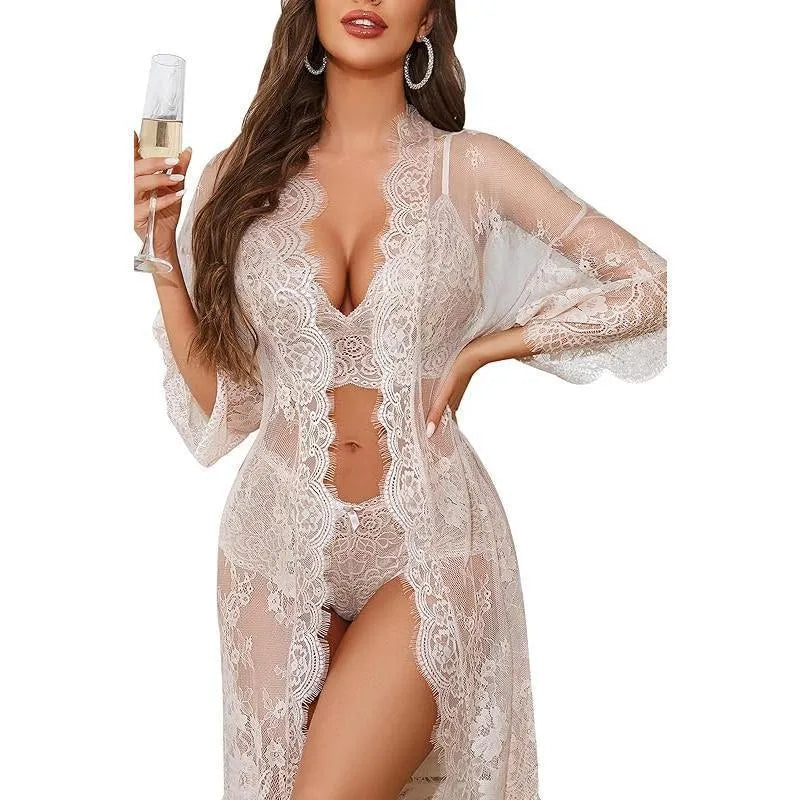 Ladies lace underwear set in apricot colour made from polyester fabric.