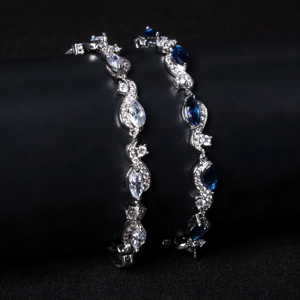 Zircon line bracelet for women, copper geometric shape, inlaid zircon, blue colour option