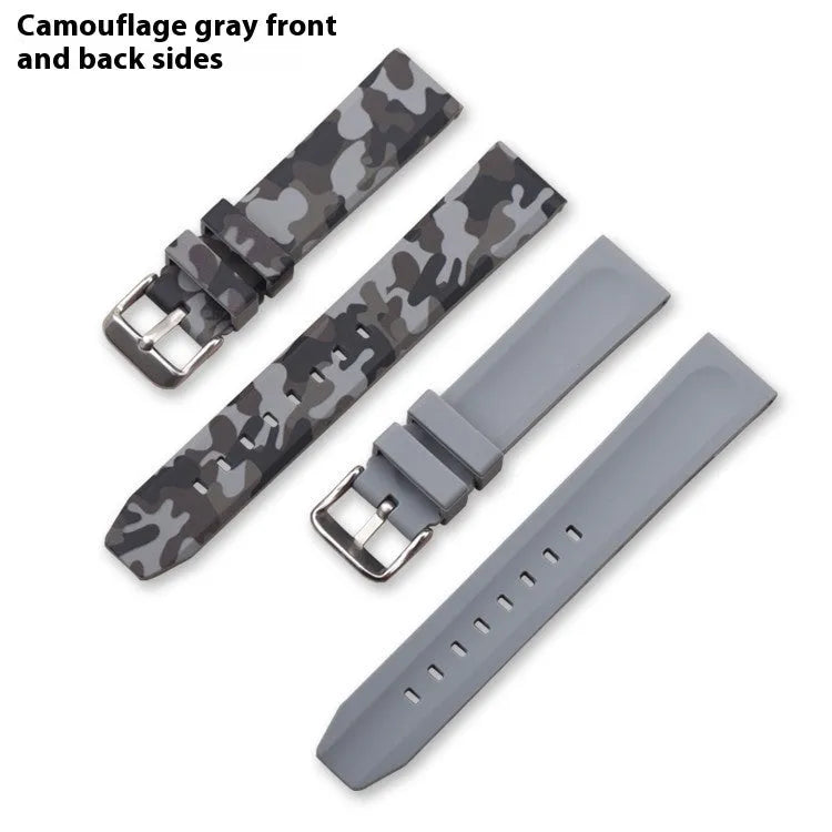 Green camouflage silicone watch strap for flat head watches, shown next to blue and grey pattern options