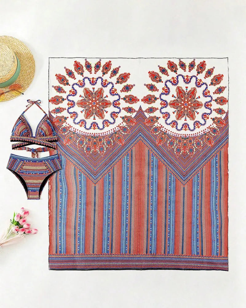 Women's three-piece swimsuit set showing high-waist briefs, sleeveless cutout top, and matching swim coat.
