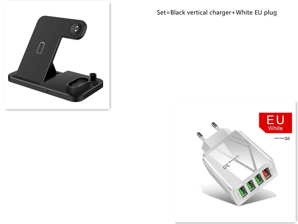 Black 4-in-1 wireless charging station with phone on adjustable stand, Apple Watch, and AirPods charging.