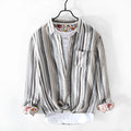 Men's casual linen striped shirt in grey, long sleeves, loose fit for spring summer