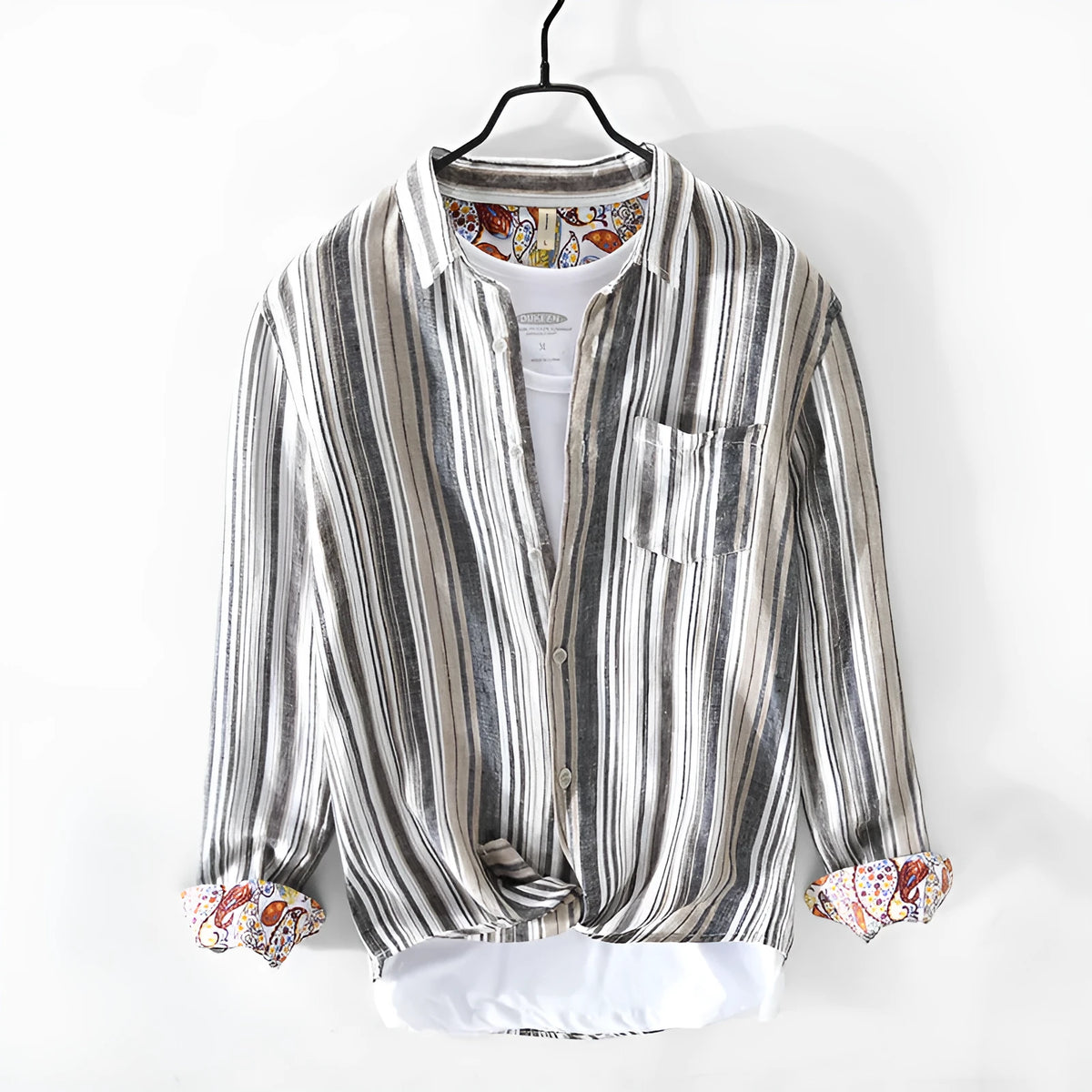 Men's casual linen striped shirt in grey, long sleeves, loose fit for spring summer