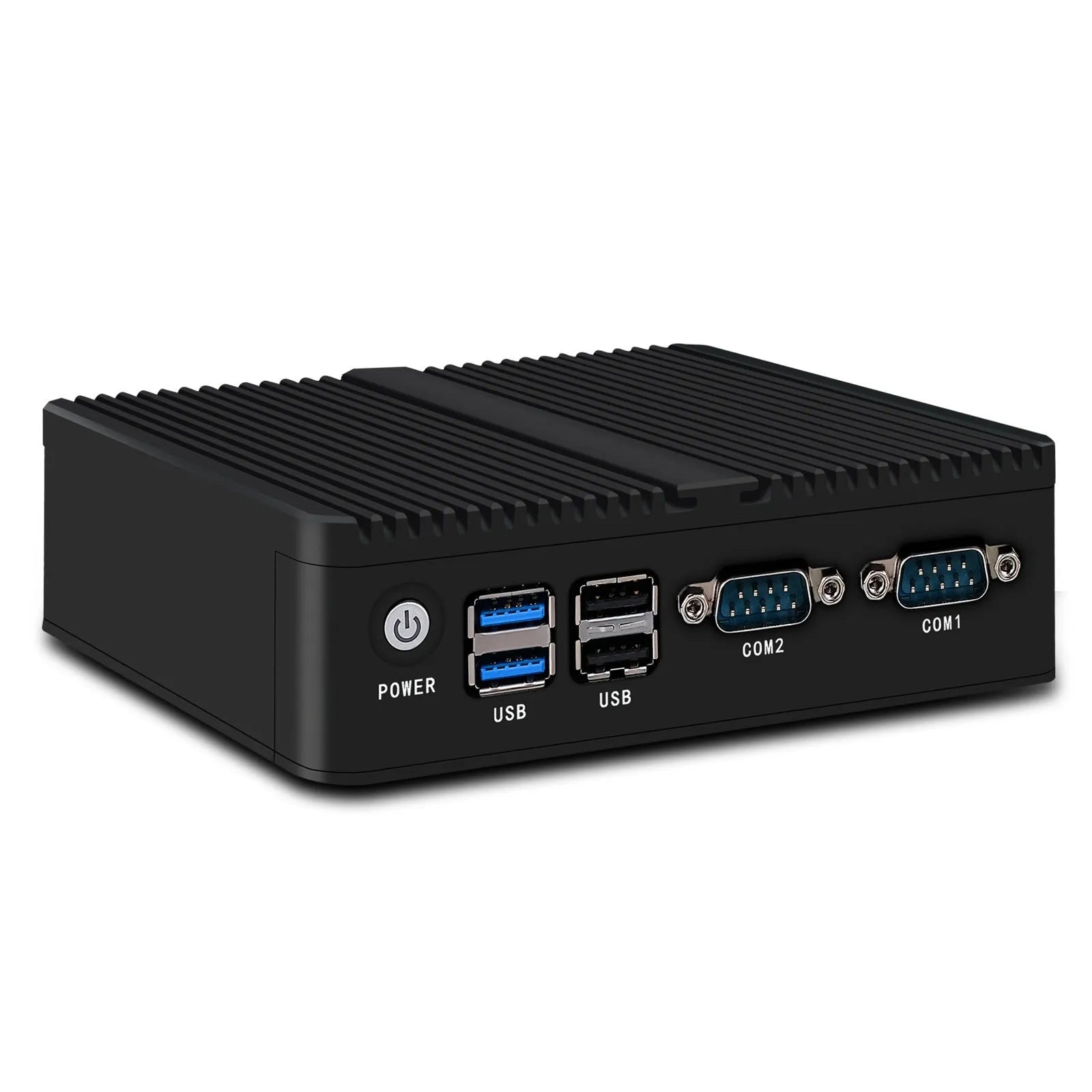 Compact industrial fanless mini PC with metal case, showing rear ports and small 13.6x12.7x4cm size.