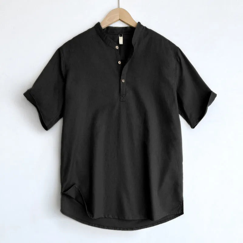Men's solid colour short sleeve linen blend t-shirt in grey green on a hanger