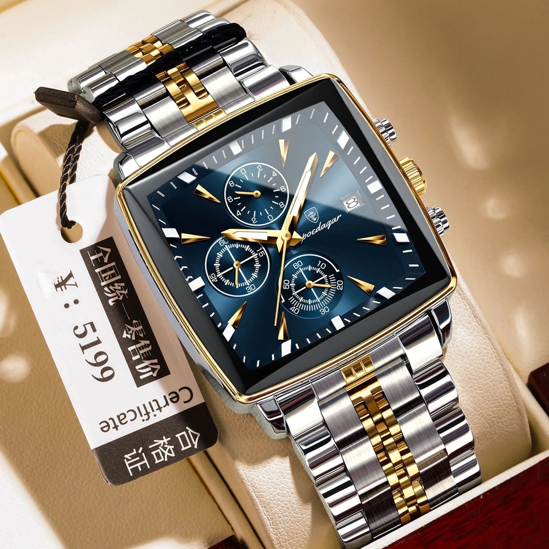 Men's square business quartz watch with stainless steel strap and mineral glass, shown in gold case with blue dial