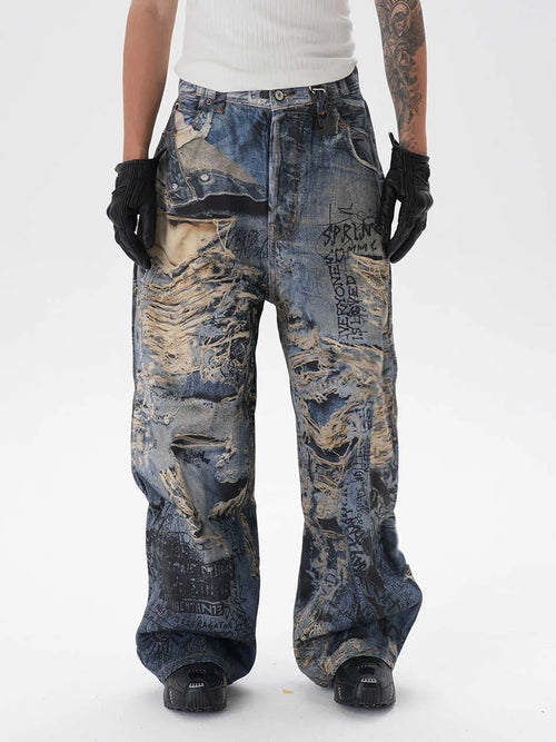 3D digital printed ripped graffiti straight jeans in picture colour, wide leg mid waist denim trousers
