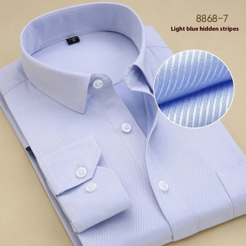 Men's solid colour cotton long sleeve business shirt in a slim fit on a hanger