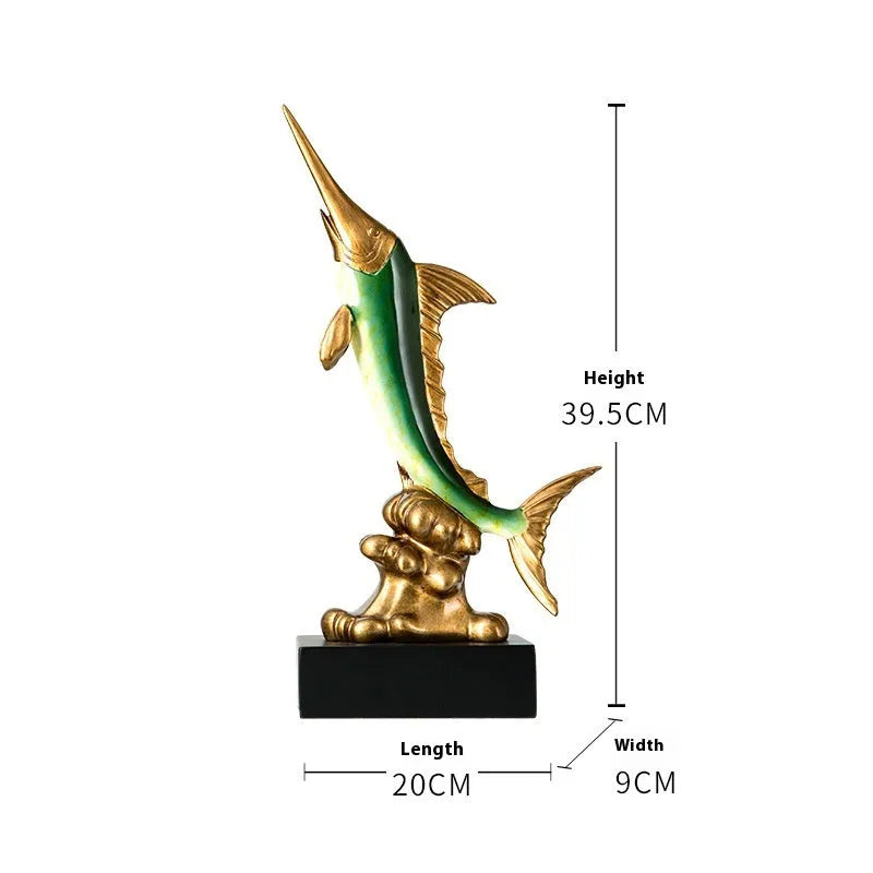 European swordfish resin and plastic decorative ornament in choice of colours on a shelf.