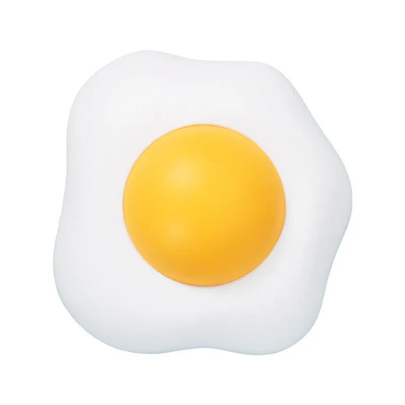 Soft plush catnip ball toy in fried egg and poached egg shapes for wall-mounted cat play
