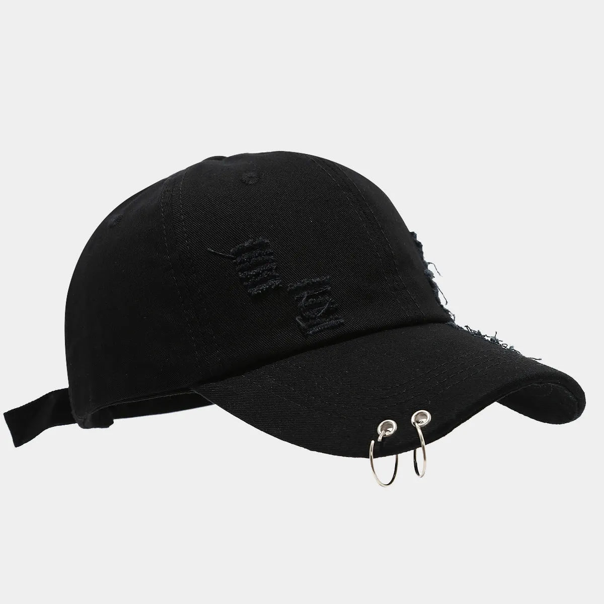 Men's adjustable denim peaked cap in black with dome crown and street style design