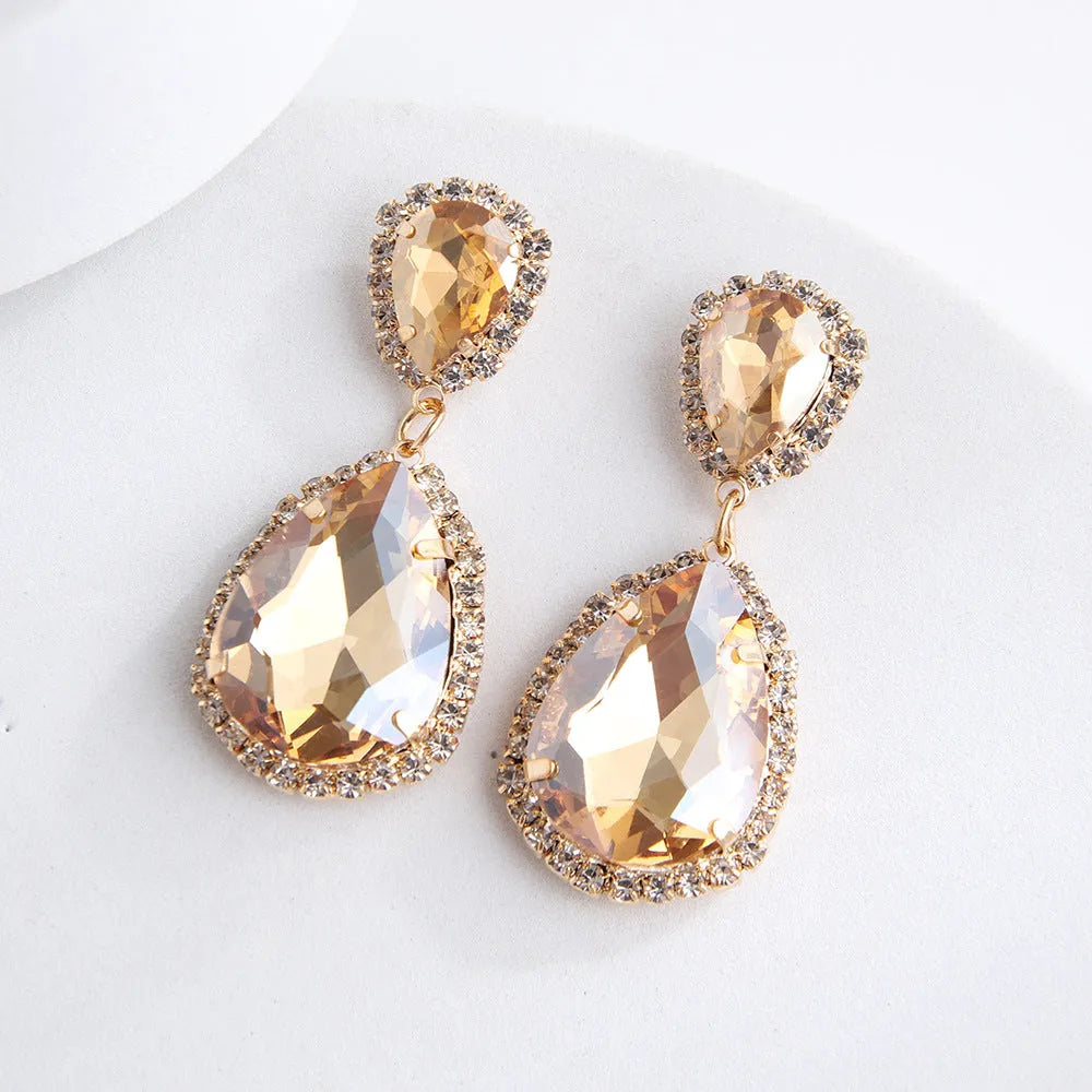 Multi-layer drop-shaped glass rhinestone earrings for women, electroplated metal alloy, available in Rose Red, champagne, and Blue
