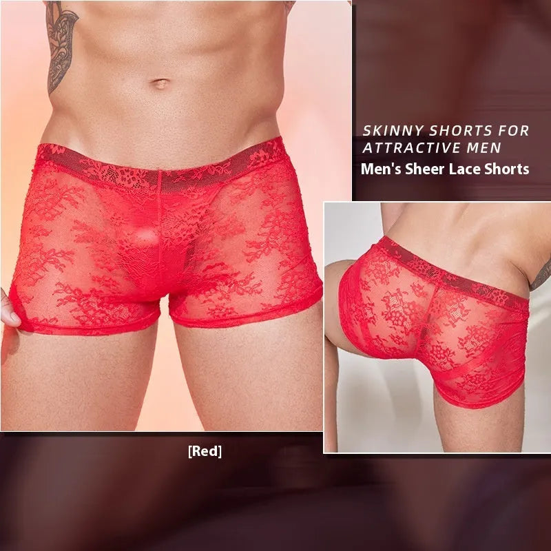 Black, white, and red nylon men's boxer briefs on a plain background.
