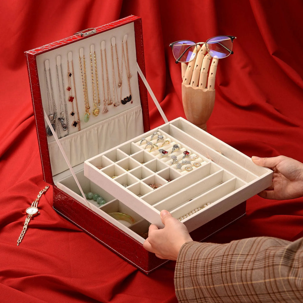 Wooden leather double layer jewellery storage box with lockable lid and crocodile pattern exterior.