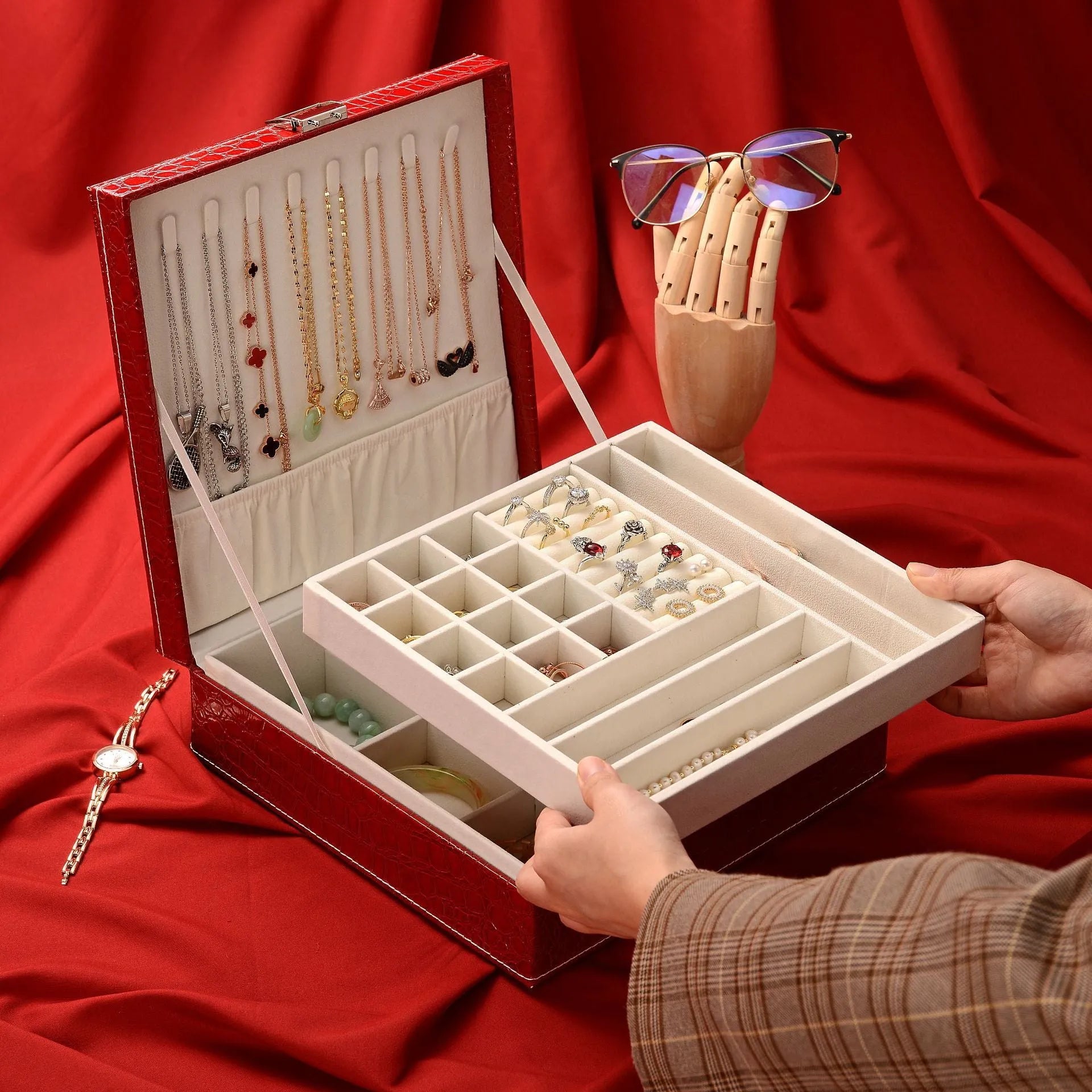 Wooden leather double layer jewellery storage box with lockable lid and crocodile pattern exterior.