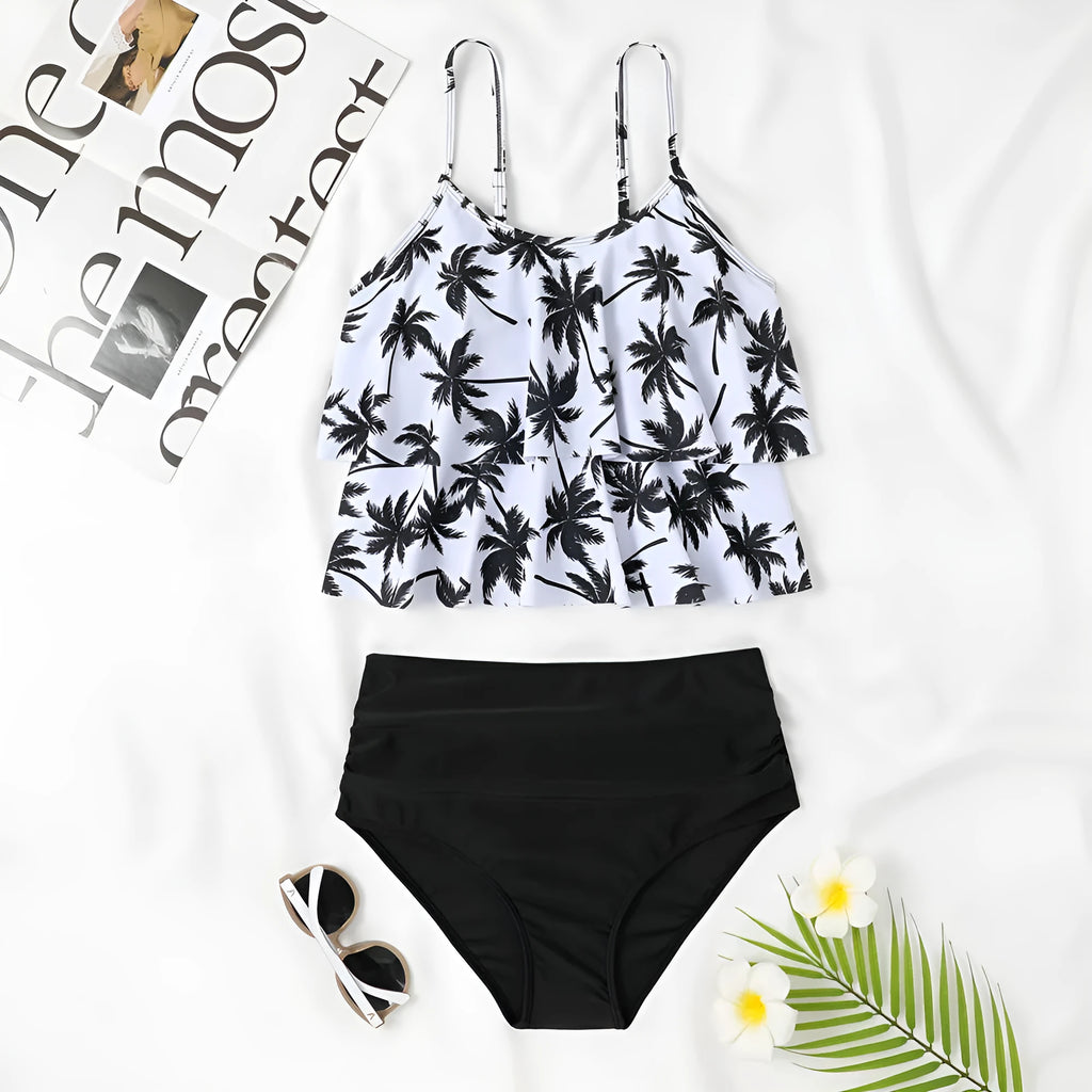 Women's high waist double-layer swimsuit in a black and coconut tree print pattern