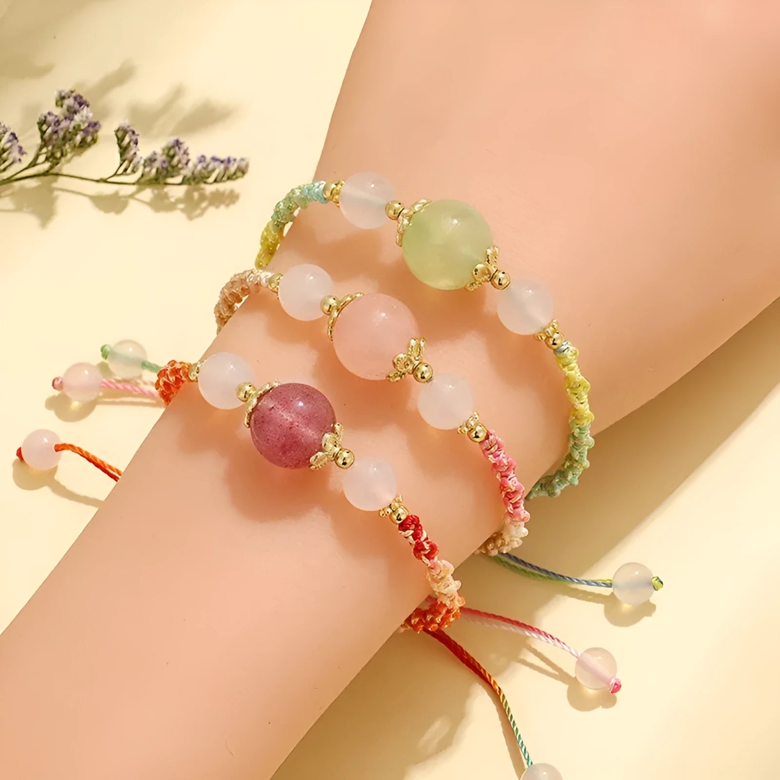 Hand-woven women's couple bracelet with gemstone beads and white agate straps in diamond pattern