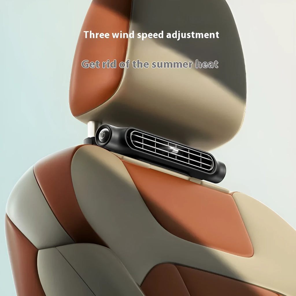 USB plug-in car fan with Velcro straps mounted on a car seat headrest in beige colour.