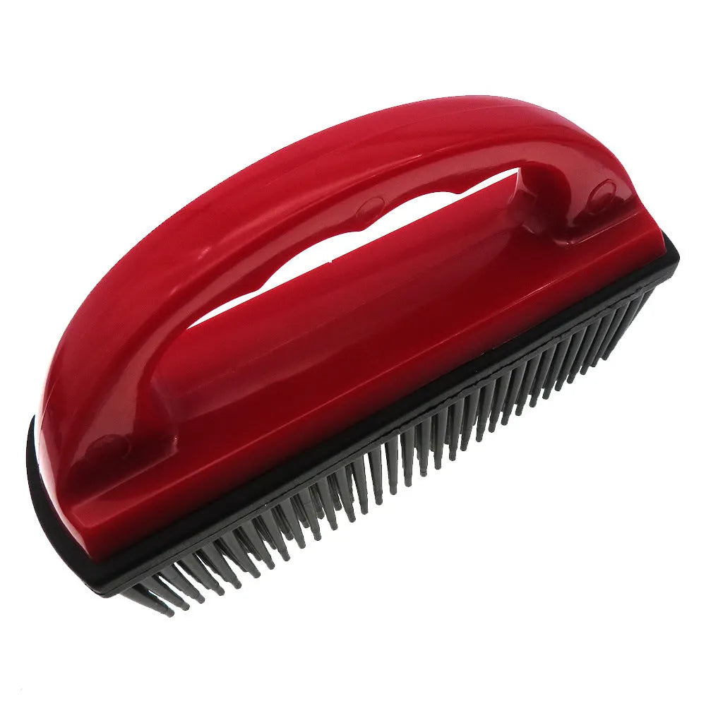 Red handheld pet hair removal brush measuring 160mm by 85mm for dog cat grooming and carpet cleaning