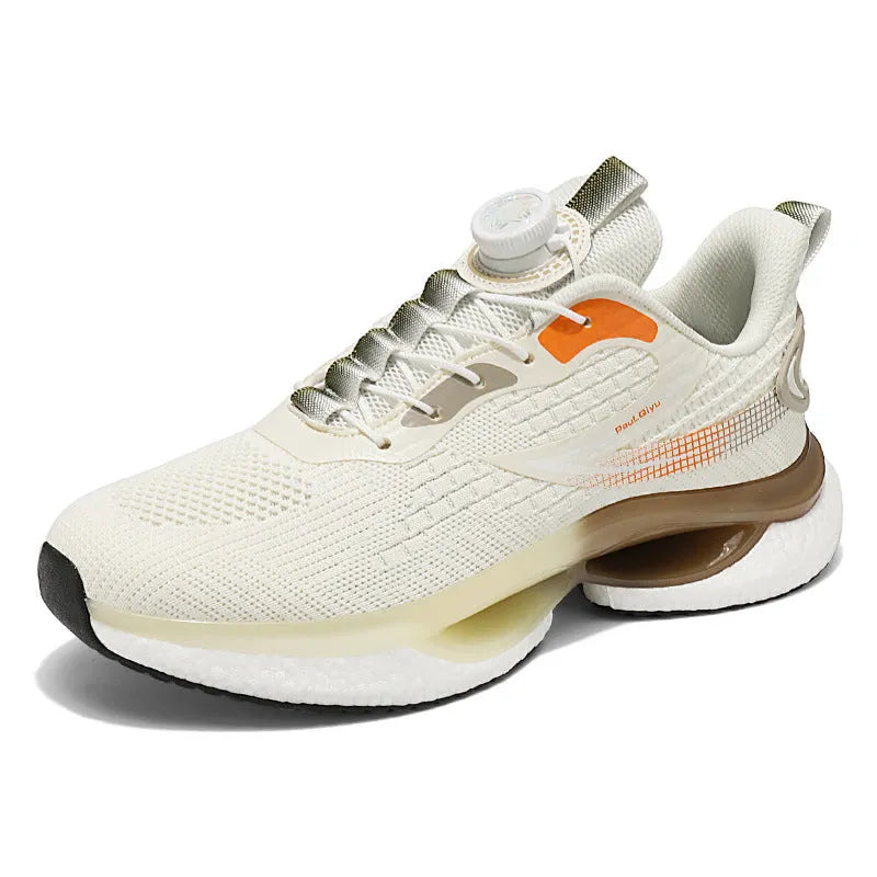 Men's white low-top running shoes with a rotating buckle fastener and breathable mesh upper.