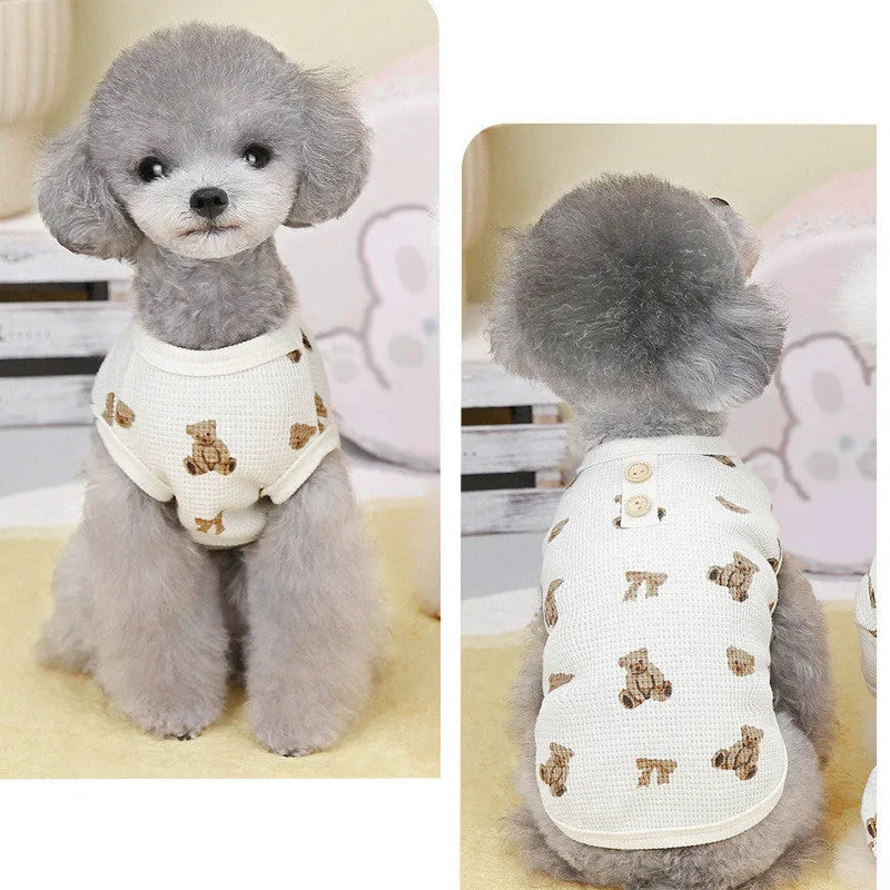Beige waffle short-sleeve small dog top on a dog, side view, polyester fabric