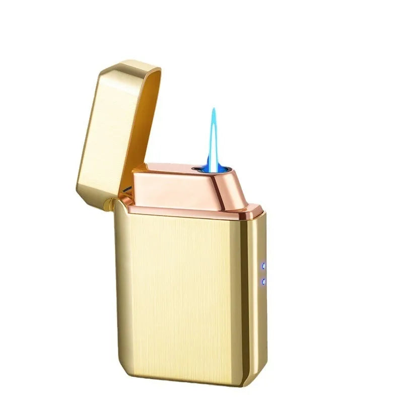 Voice-controlled blow-and-blow ignition torch lighter with metal body and wind-resistant flame in Black Ice finish