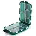 Green PVC fishing lure storage box with transparent lid, closed snap-lock, compact size 9.9x6.5x3cm