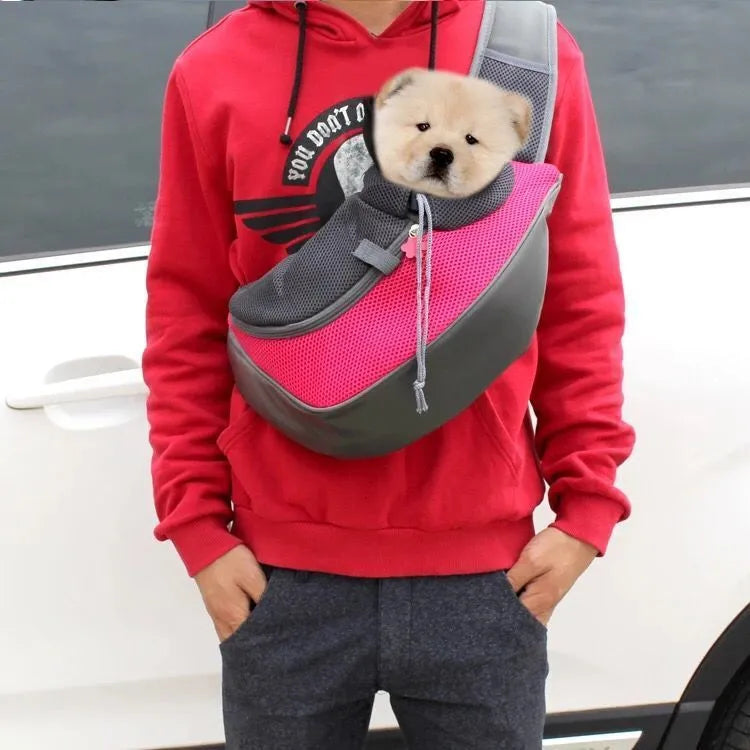 Mesh fabric pet carrier sling with PVC base in seven colours, showing S and L size options