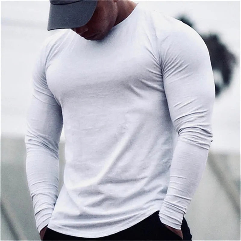 Men's loose quick-dry cotton long-sleeved sports top in plain solid colour, round neck, slim fit, size M to 2XL