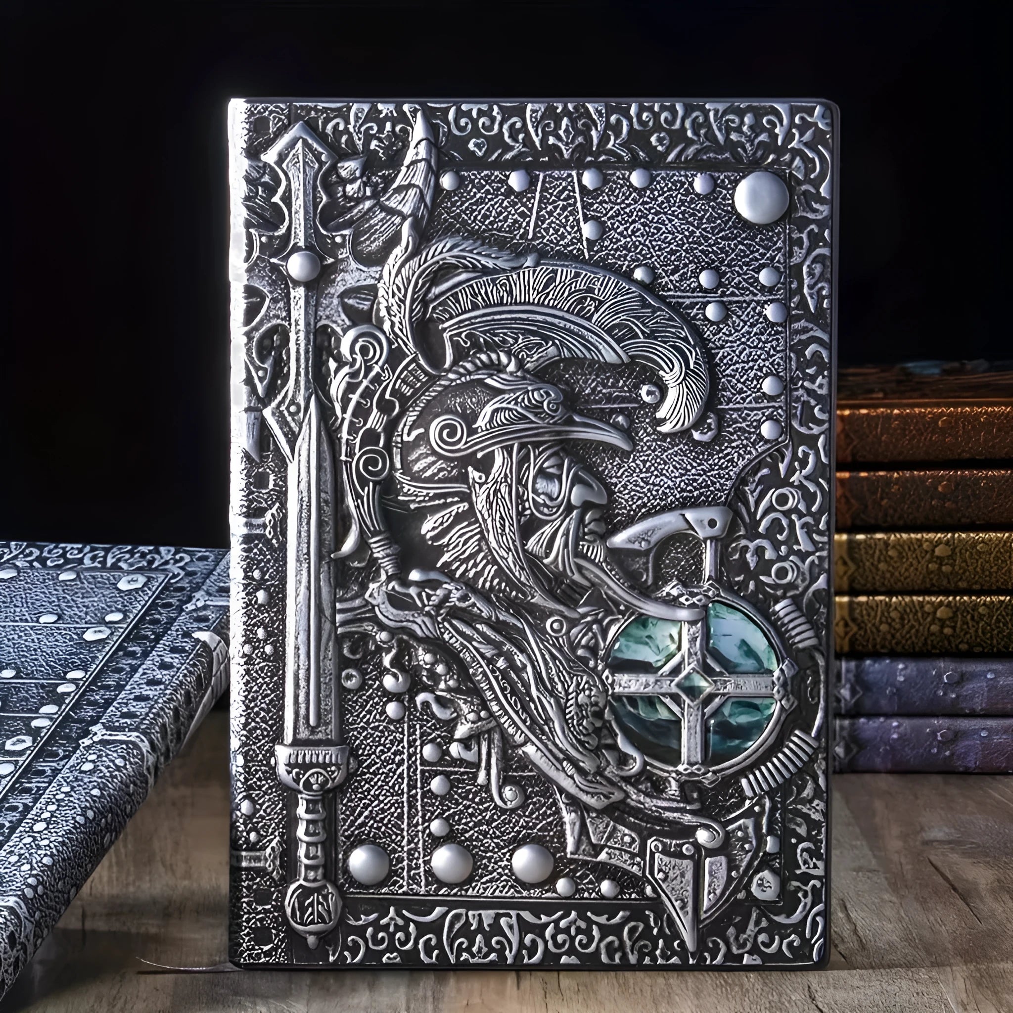 Creative retro A5 leather notebook with 3D warriors relief embossed cover, shown open on durable paper pages.