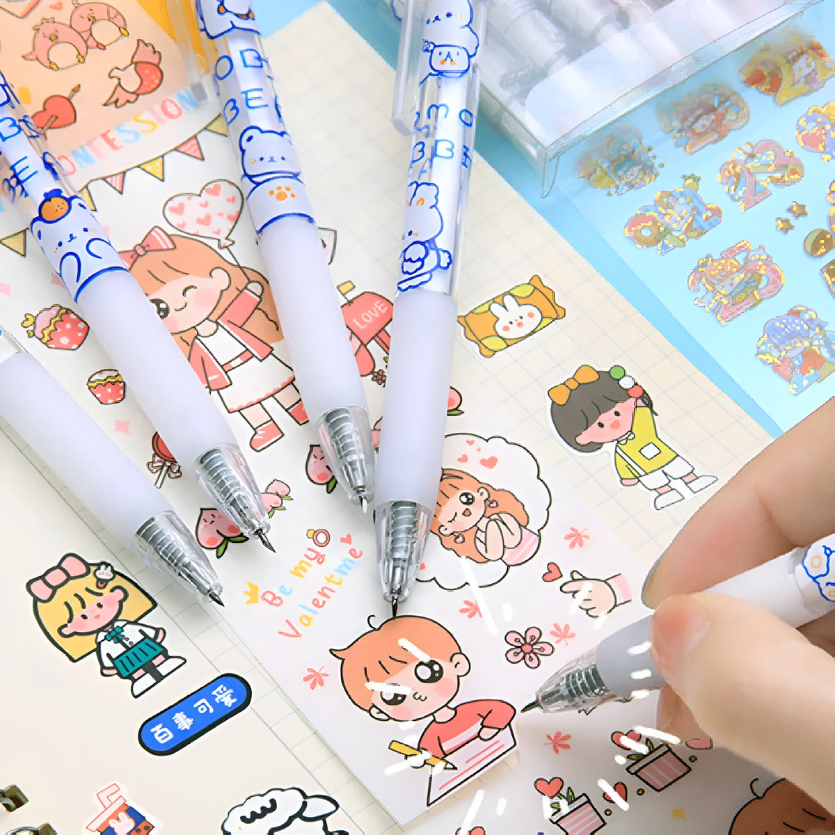 Set of six press pen knives with cream bear designs and retractable blades