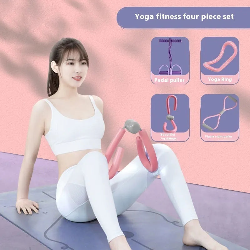 Yoga four piece fitness set showing leg stretcher, foot pedal, yoga ring, and figure eight tension rope.