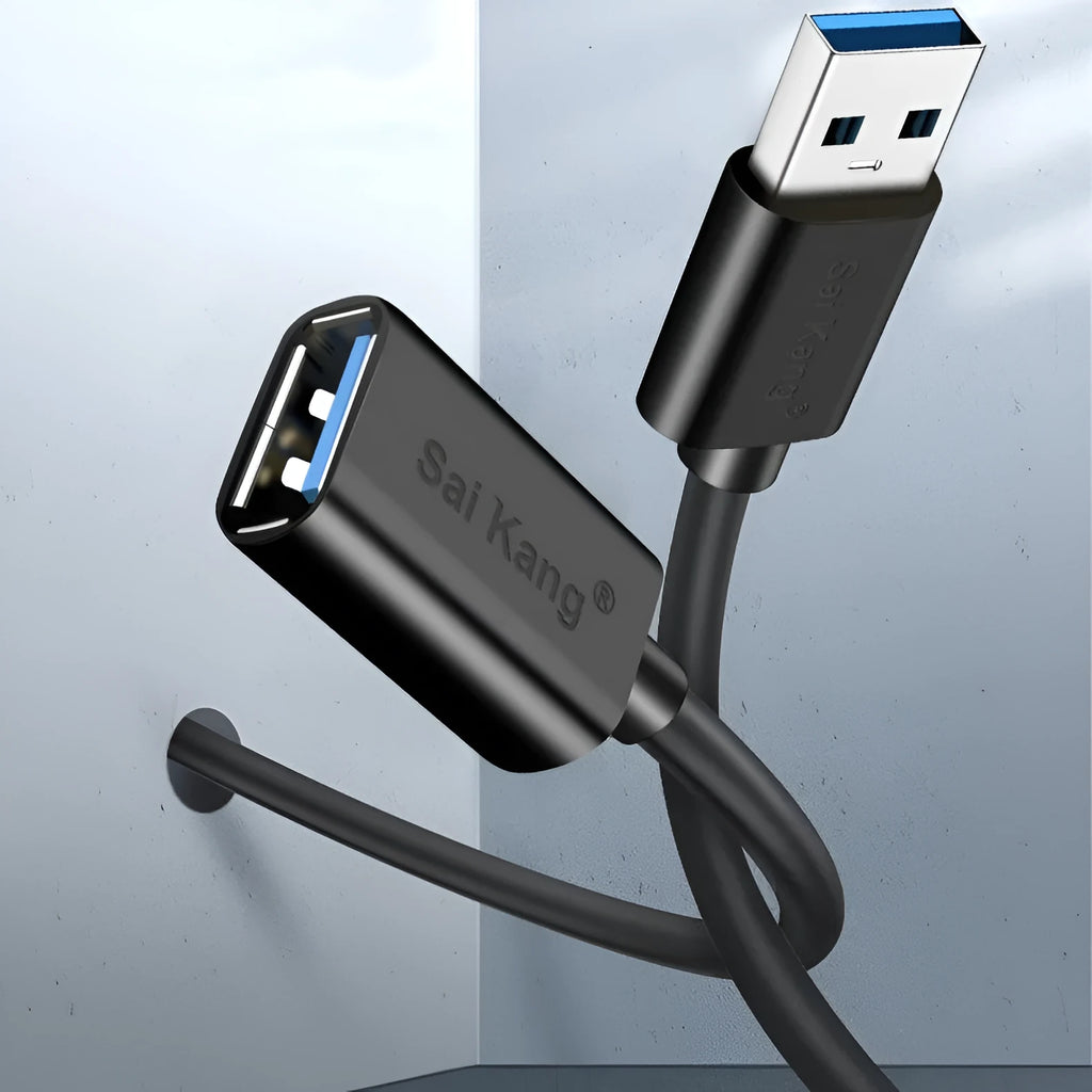 Black USB 3.0 and USB 2.0 male to female extension cable showing connectors and length options from 1 to 5 metres
