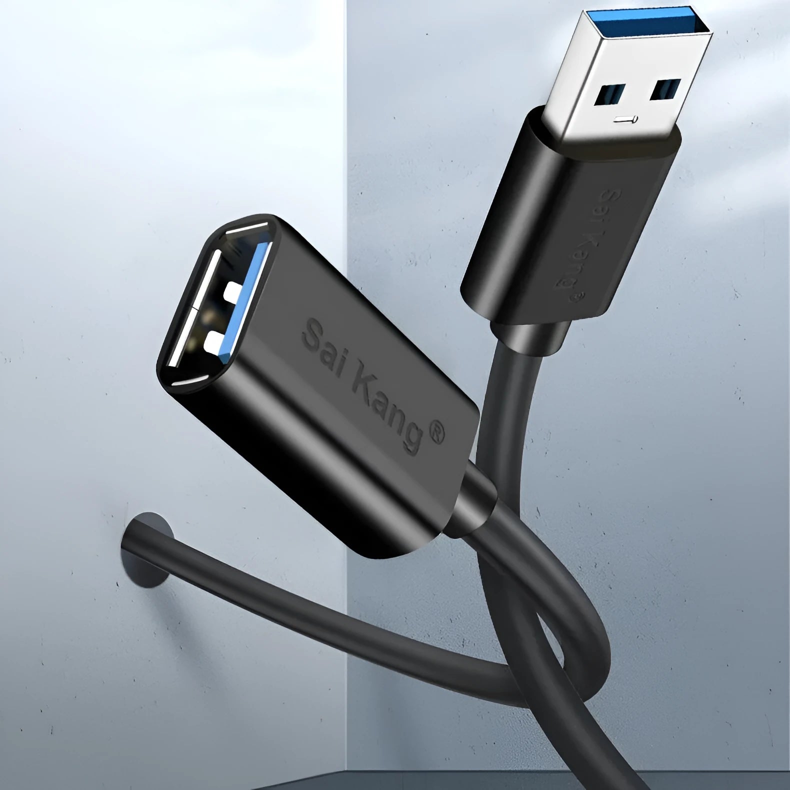 Black USB 3.0 and USB 2.0 male to female extension cable showing connectors and length options from 1 to 5 metres