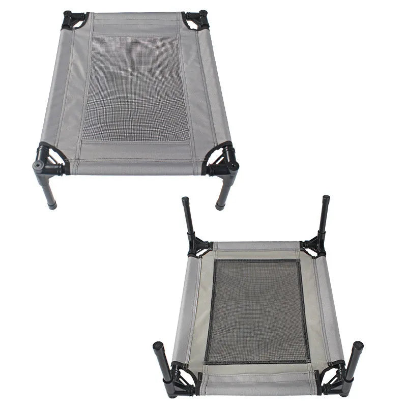Black oxford cloth outdoor dog bed with steel frame measuring 55cm wide for camping and travel