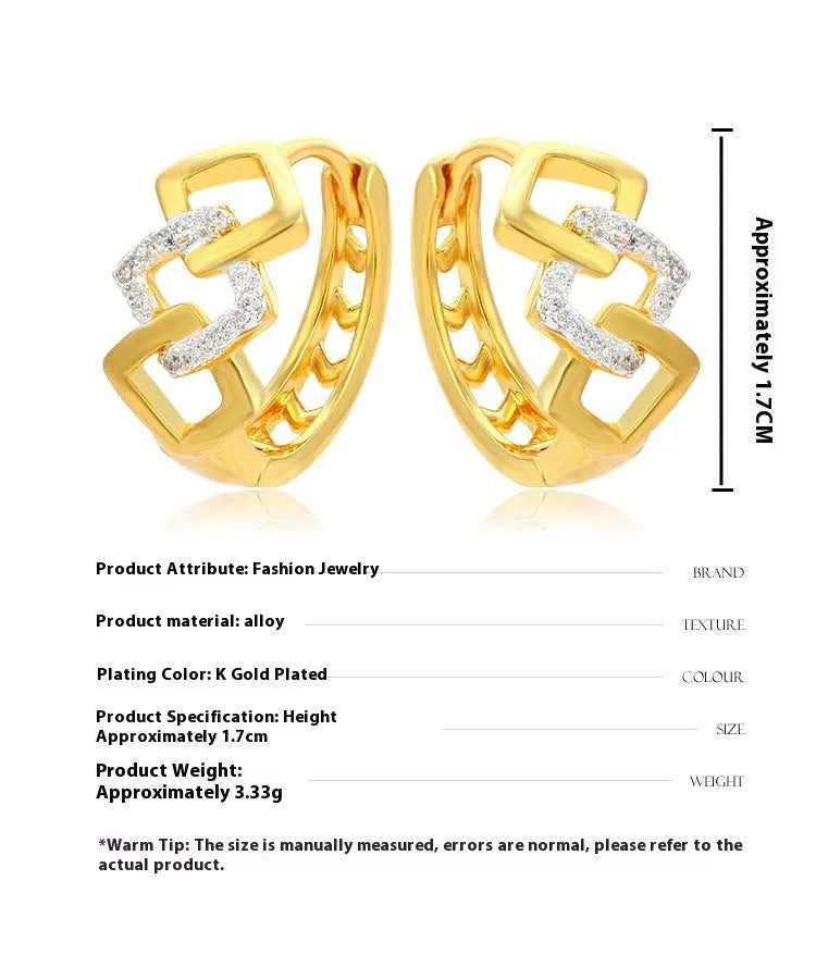 Geometric hollow-out gold electroplated earrings with colour separation design and ear clip fastening