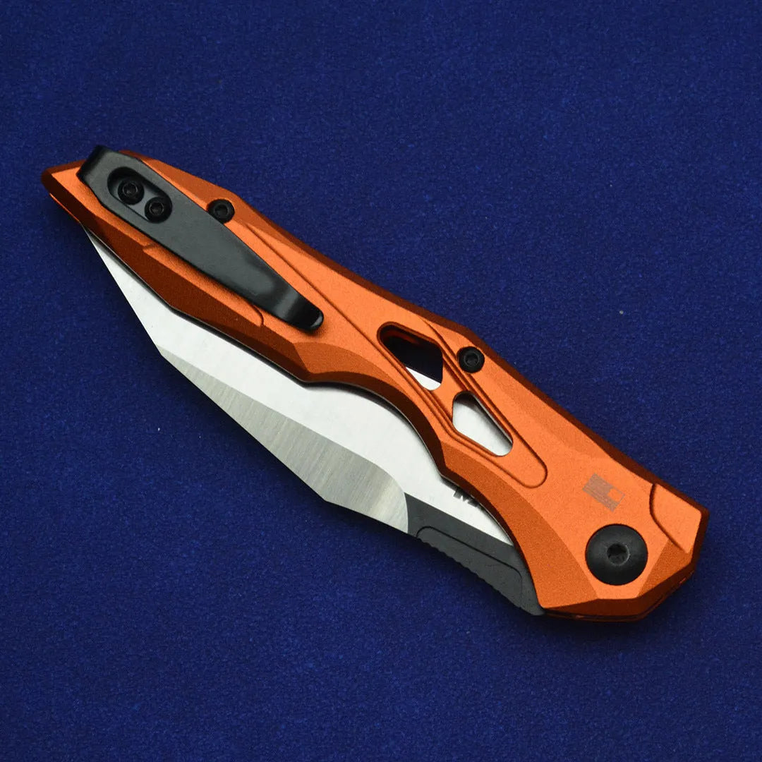Black folding fruit knife with D2 steel blade and aviation aluminium handle shown open