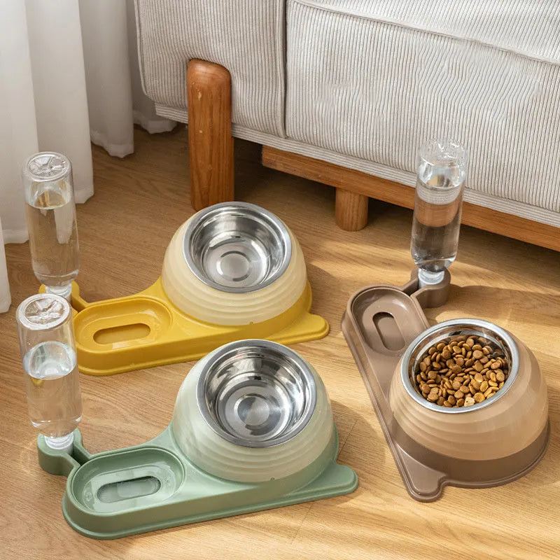 Brown cat food bowl set with elevated bowl and water dispenser bottle on floor